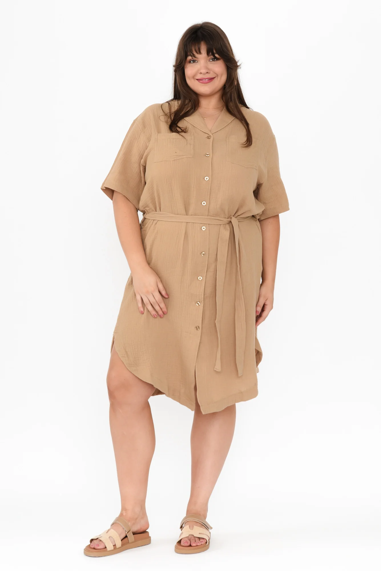 Tahiti Beige Cotton Cheesecloth Tie Dress