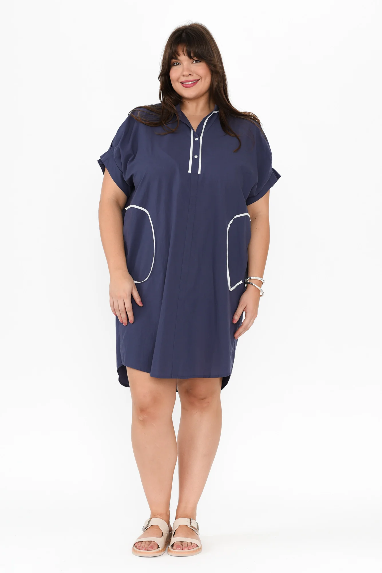 Ellen Navy Contrast Cotton Poplin Dress