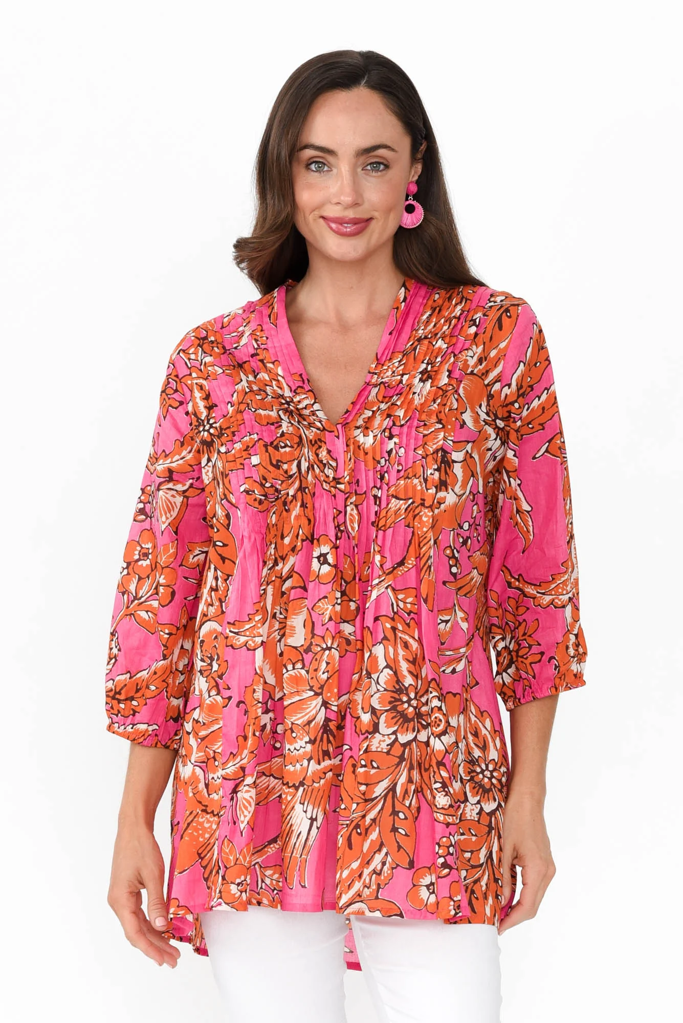 Alexa Orange Garden Cotton V Neck Top