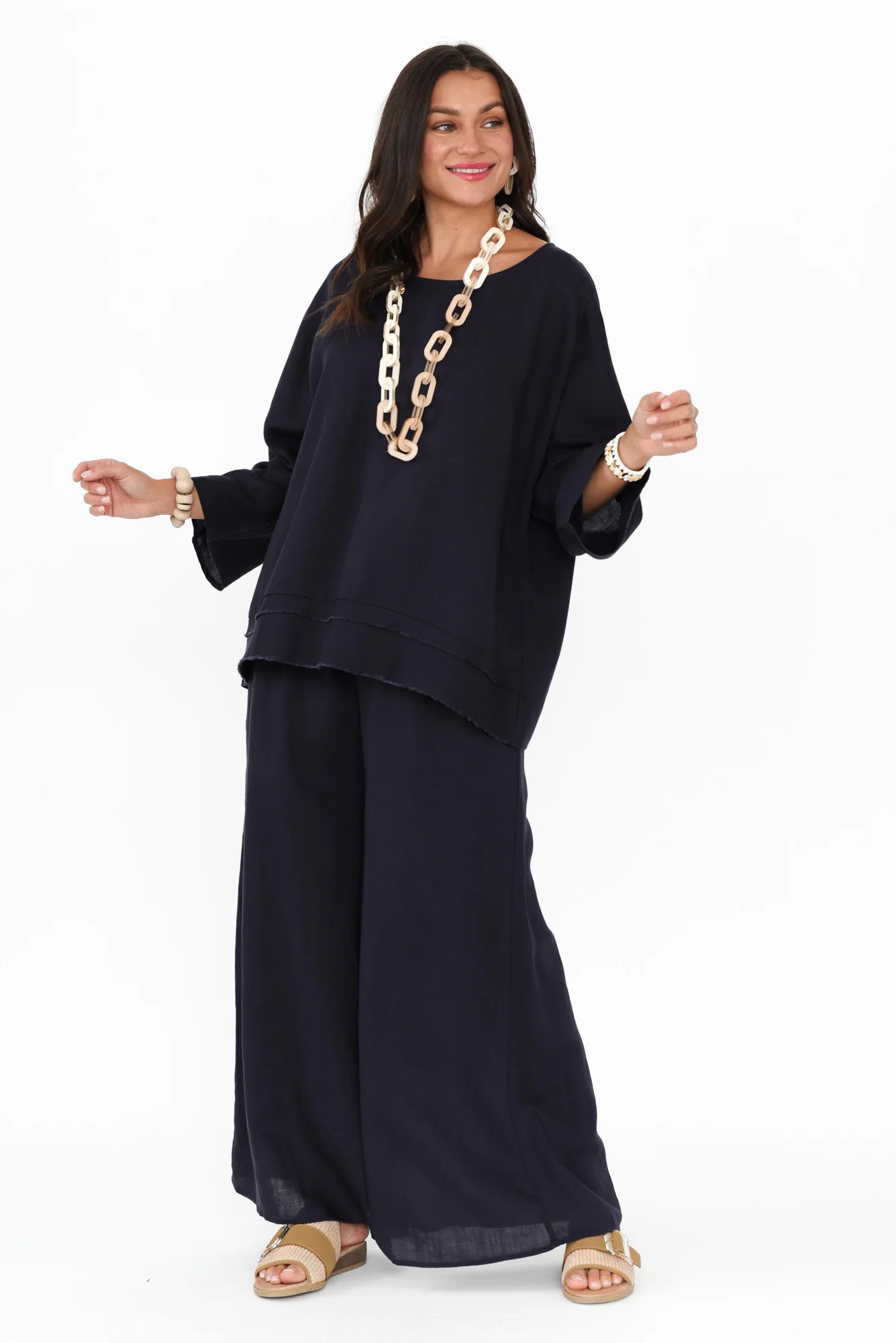 Emeline Navy Linen Blend Pants