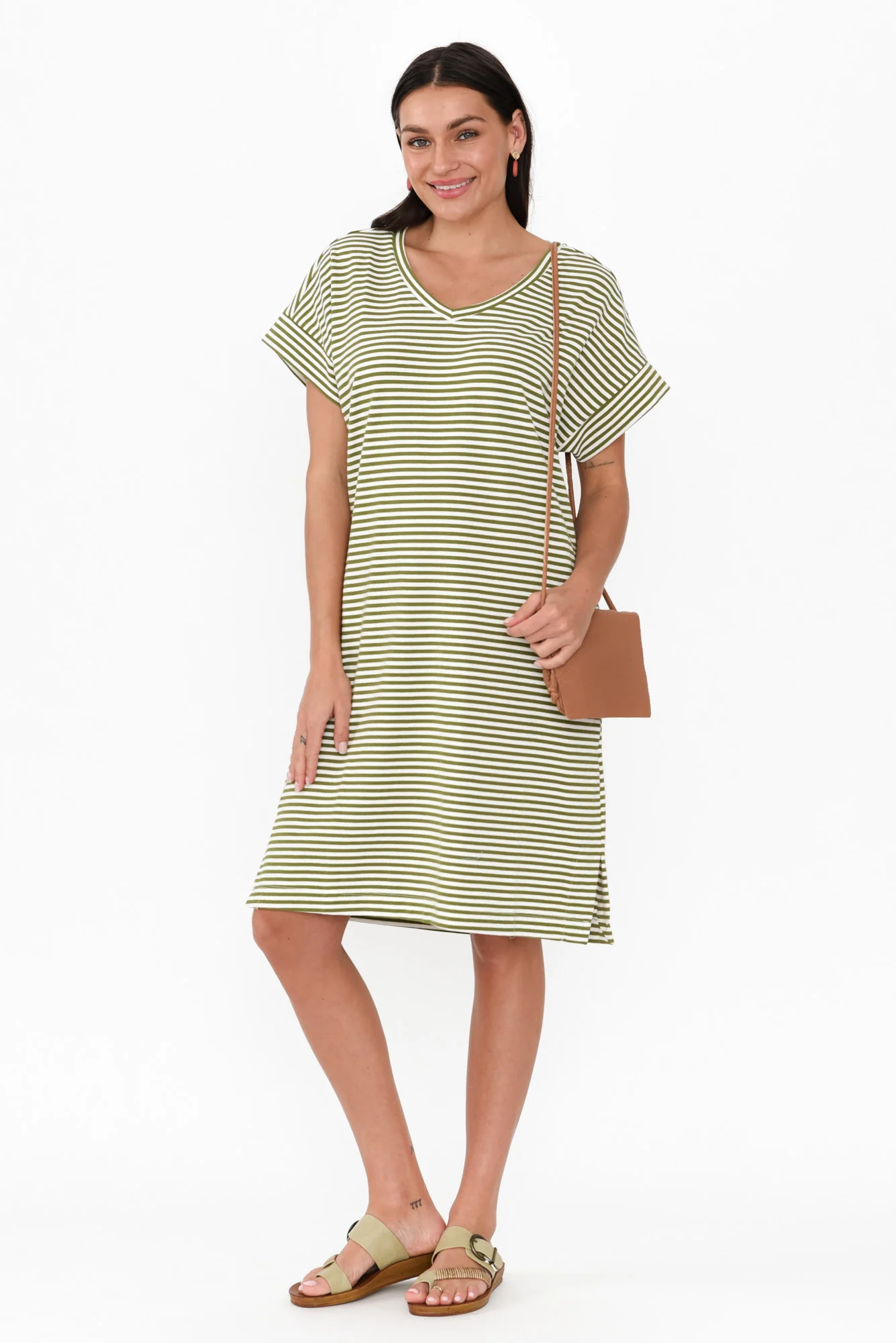Elise Green Stripe V Neck T-Shirt Dress