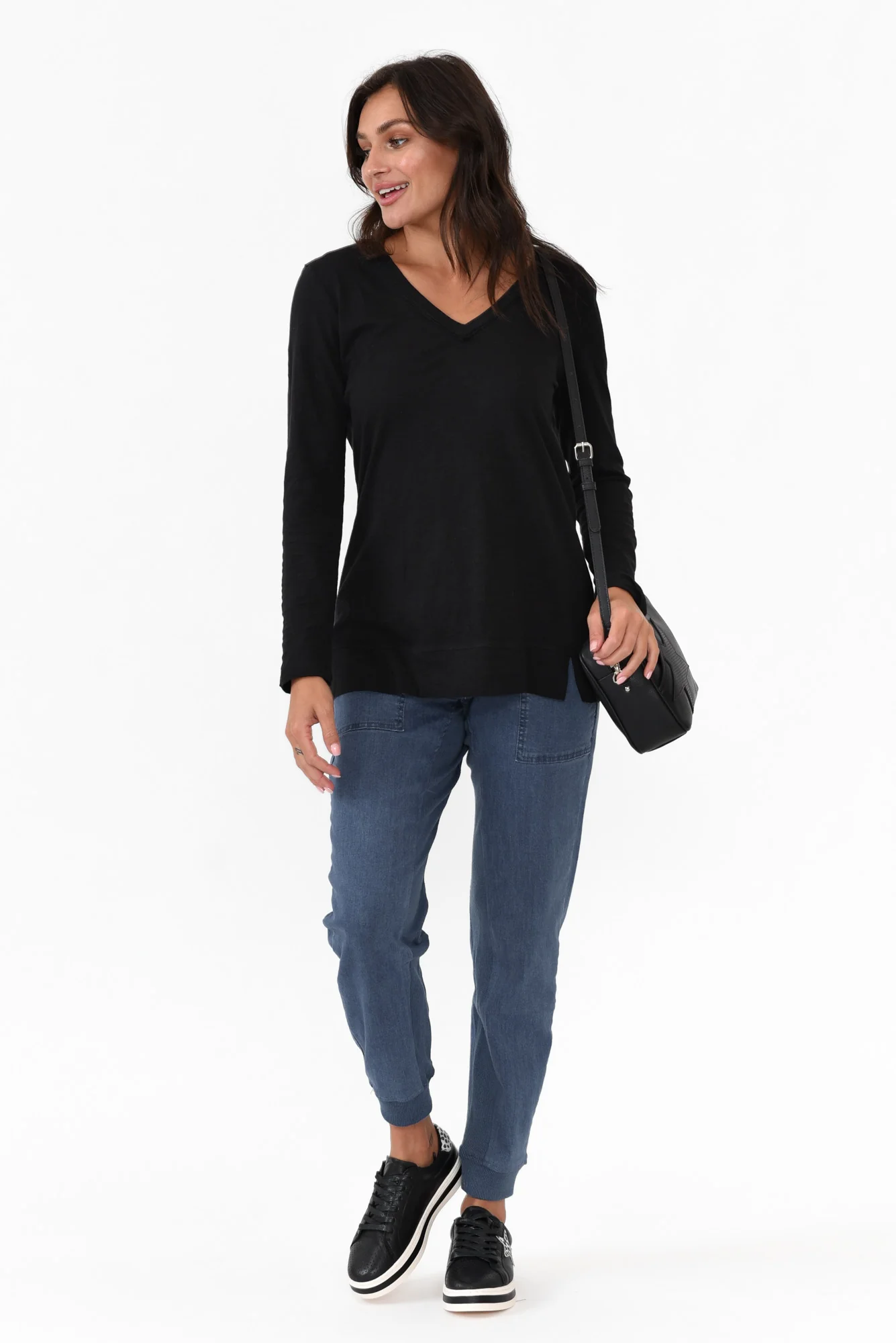 Leah Black Cotton Long Sleeve Tee