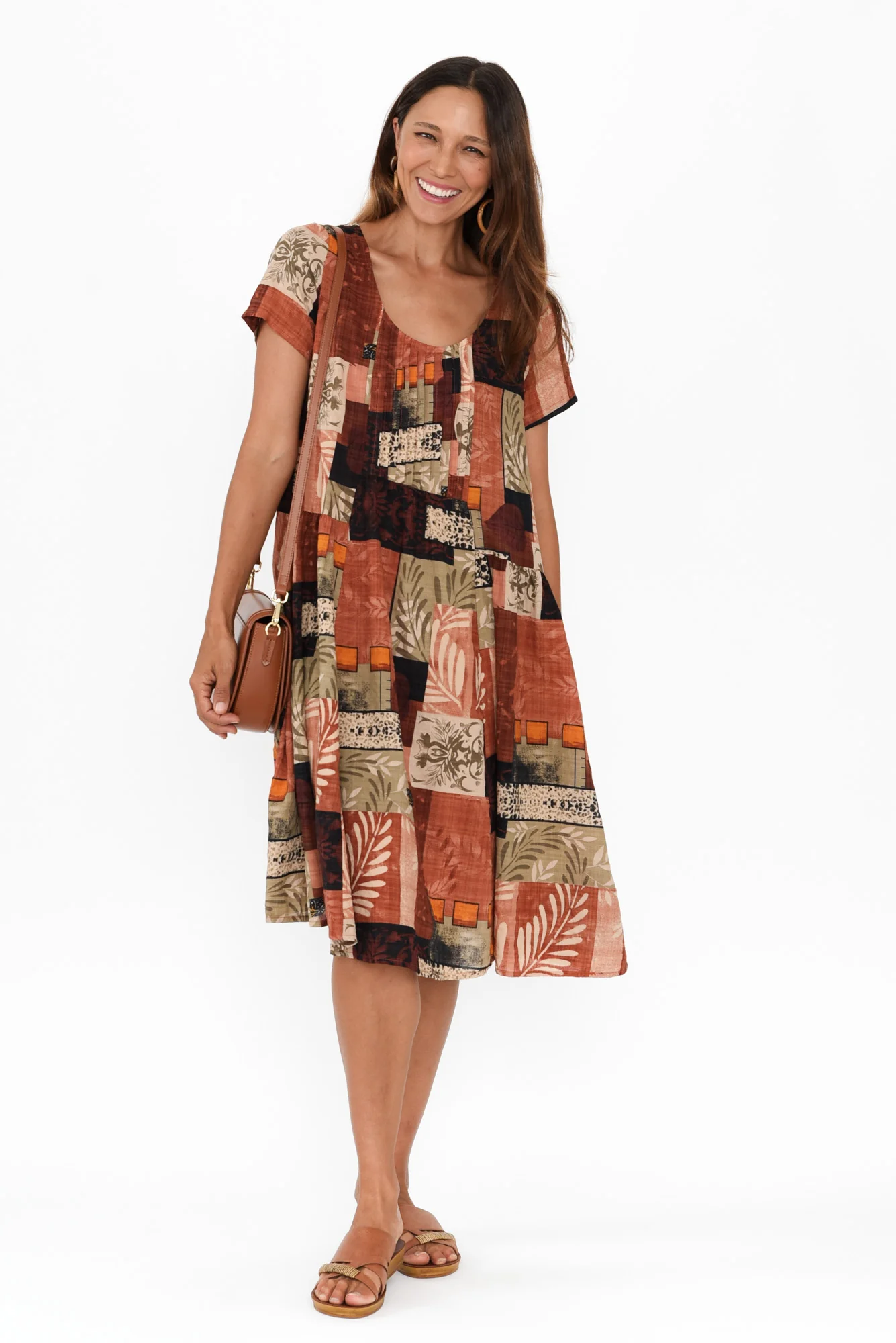 Hanoi Brown Patchwork Cotton Blend Dress