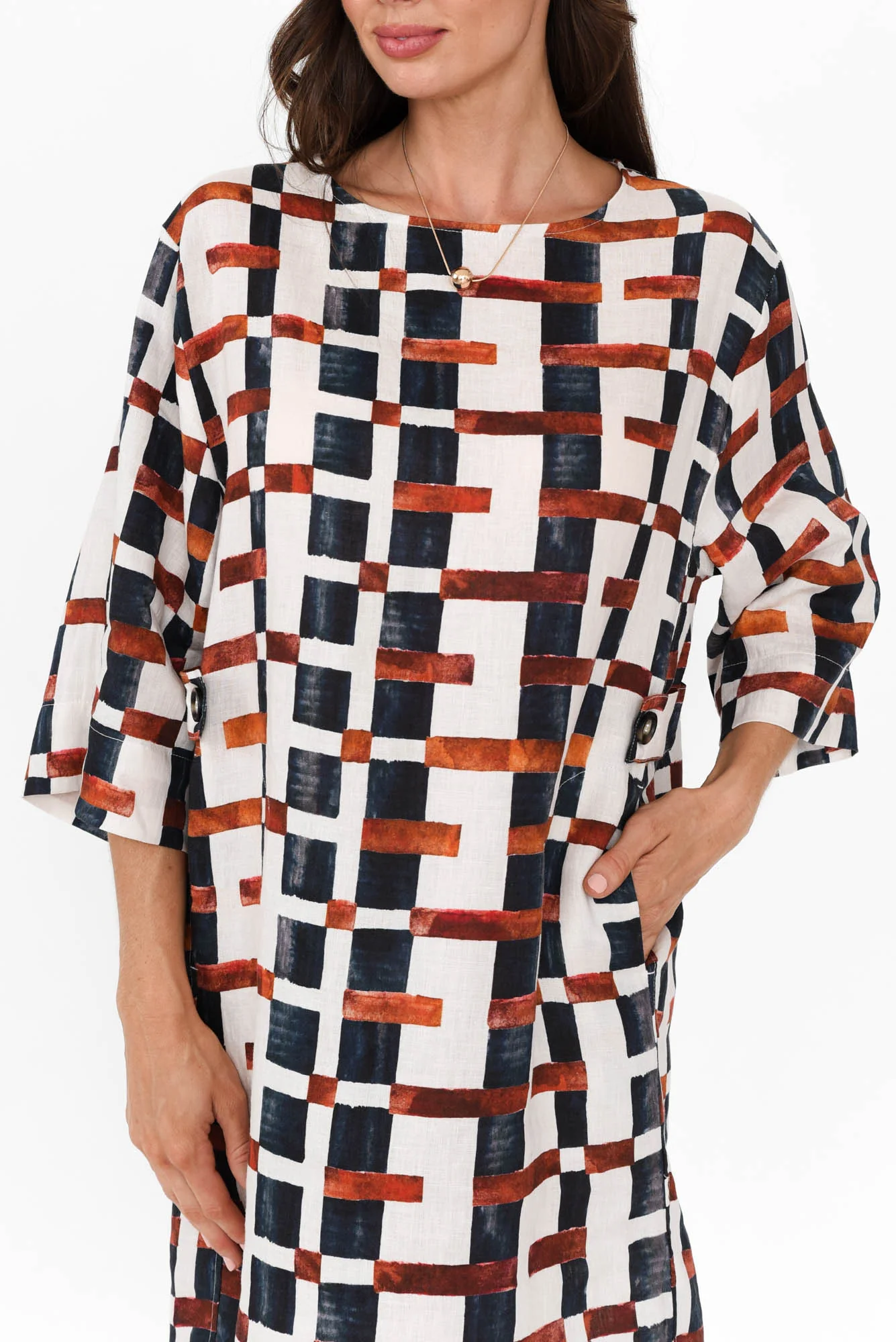 Stiles Brown Geo Linen Belted Dress