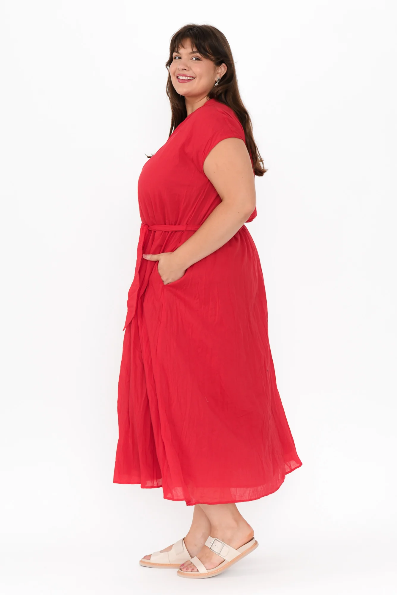 Octavia Red Crinkle Cotton Button Dress