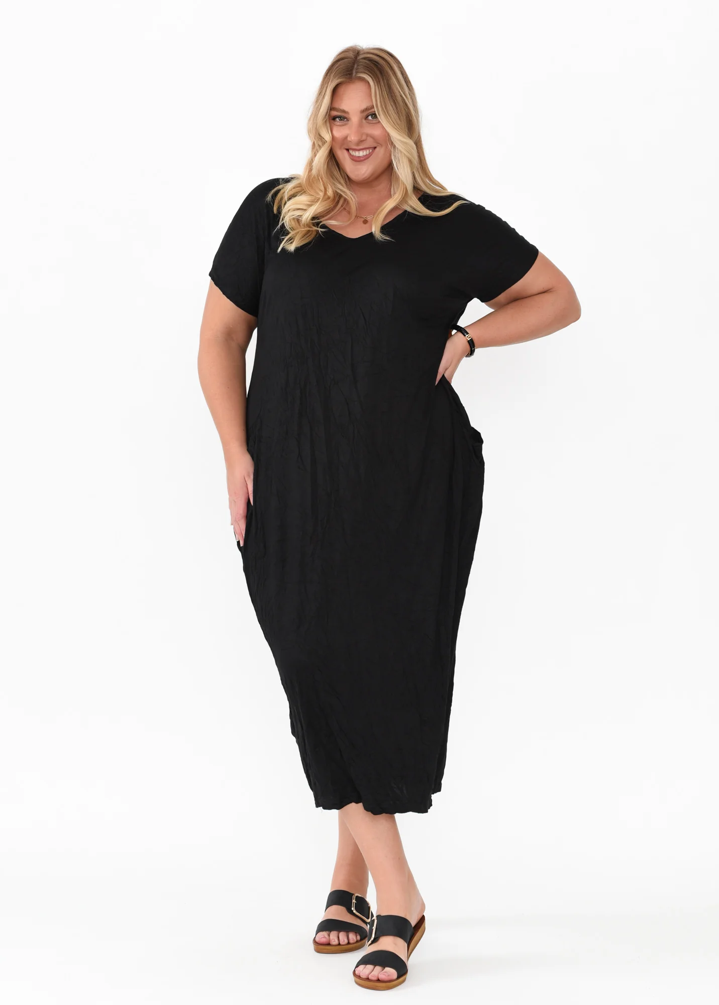 Travel Black Crinkle Cotton Maxi Dress