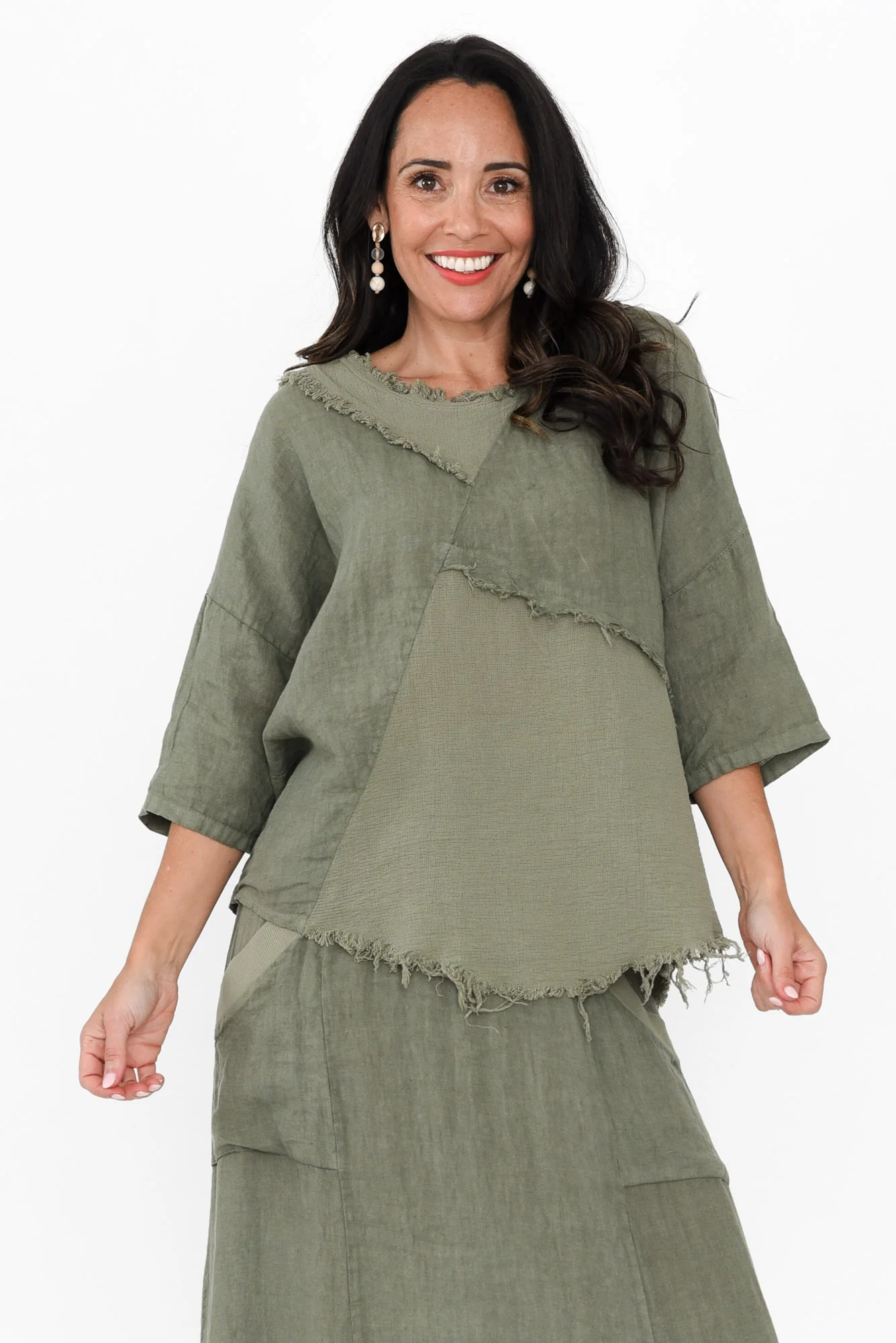 Denae Khaki Linen Frayed Top