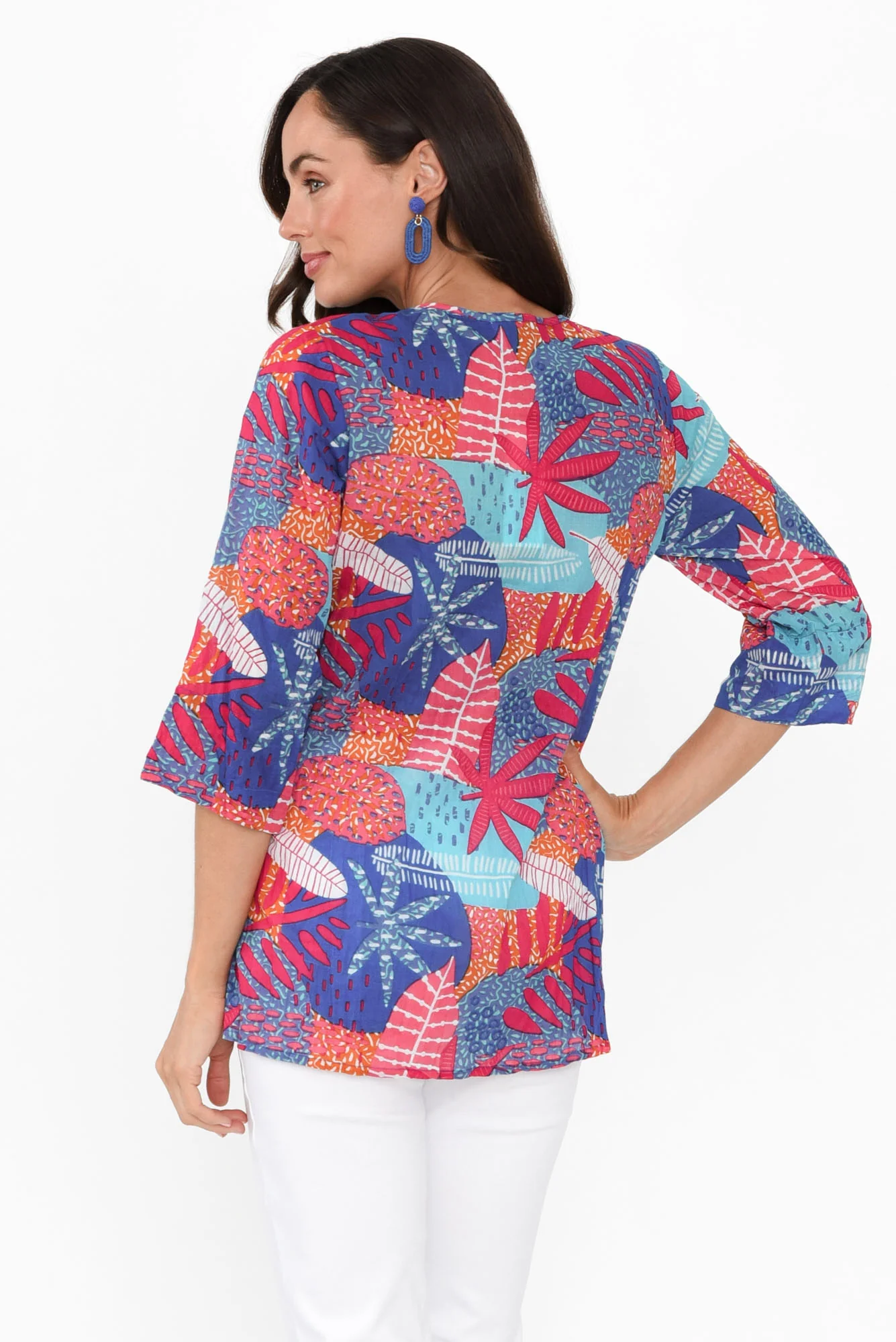 Fia Blue Leaf Sleeved Crinkle Cotton Top