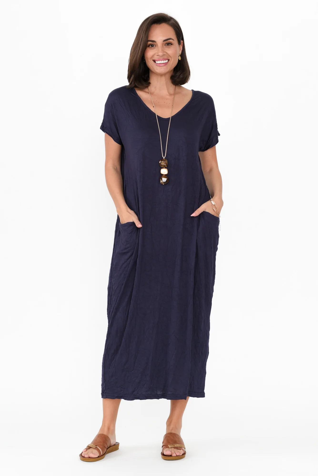 Travel Dark Navy Crinkle Cotton Maxi Dress