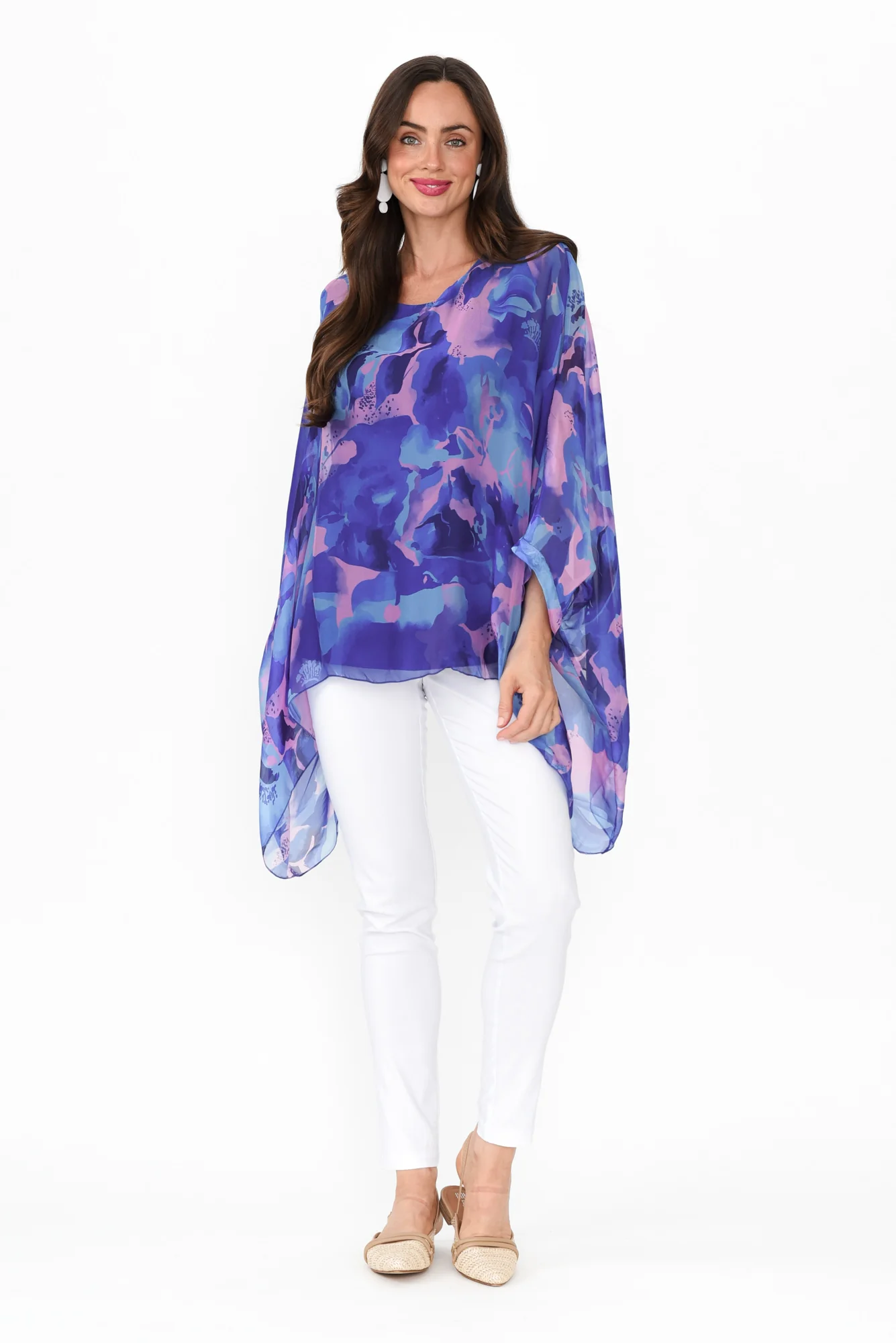 Trevino Blue Abstract Silk Overlay Top