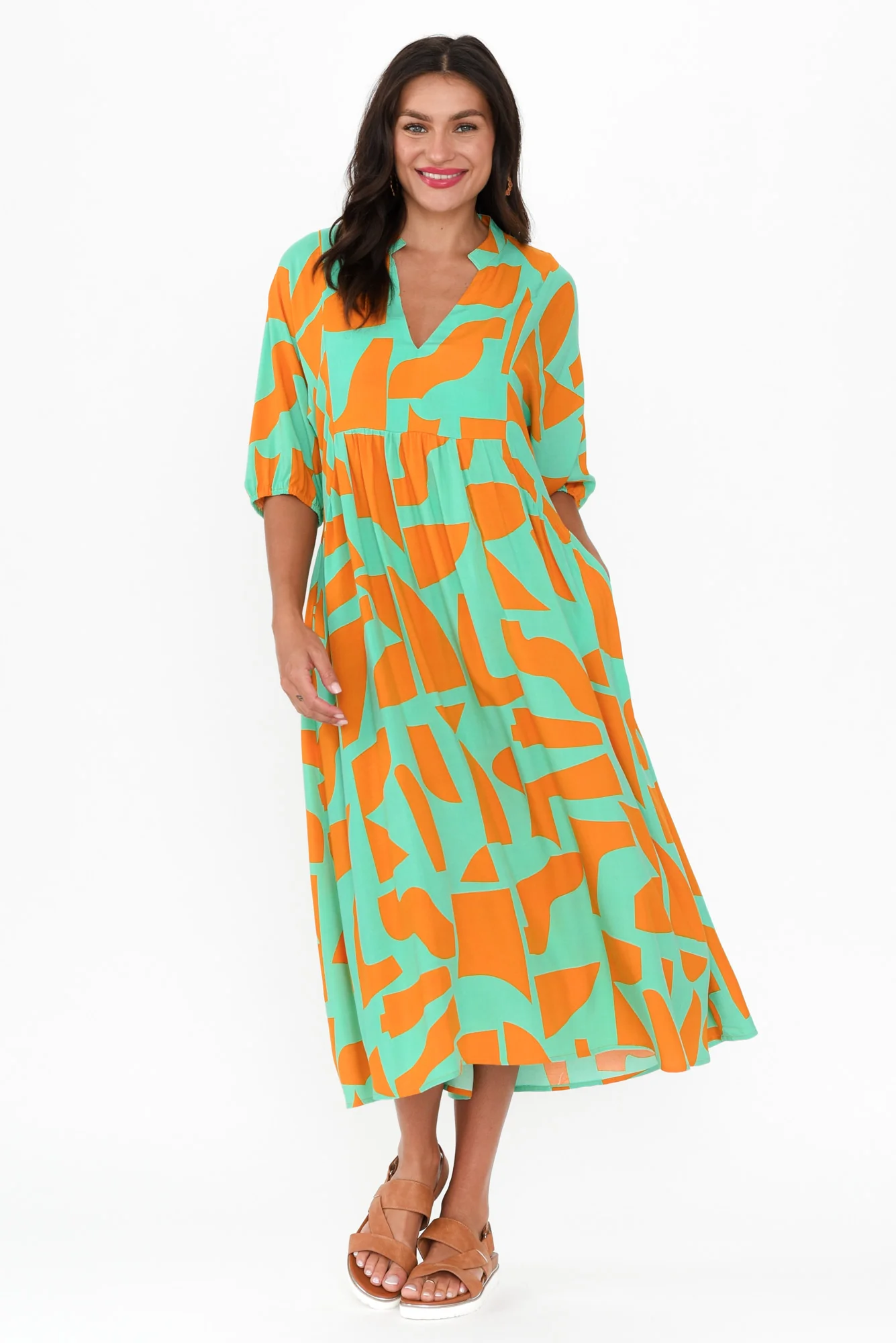 Trey Teal Abstract Midi Dress
