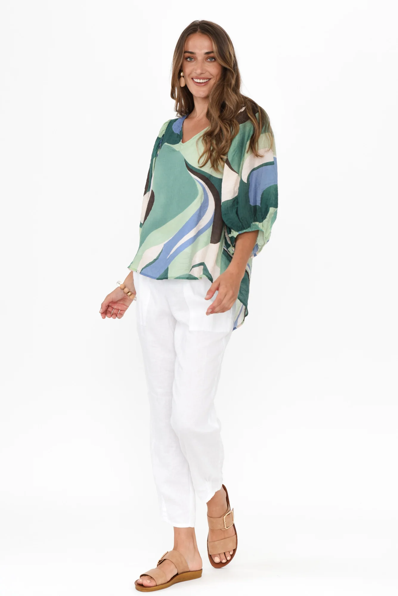 Misma Green Swirl V Neck Top