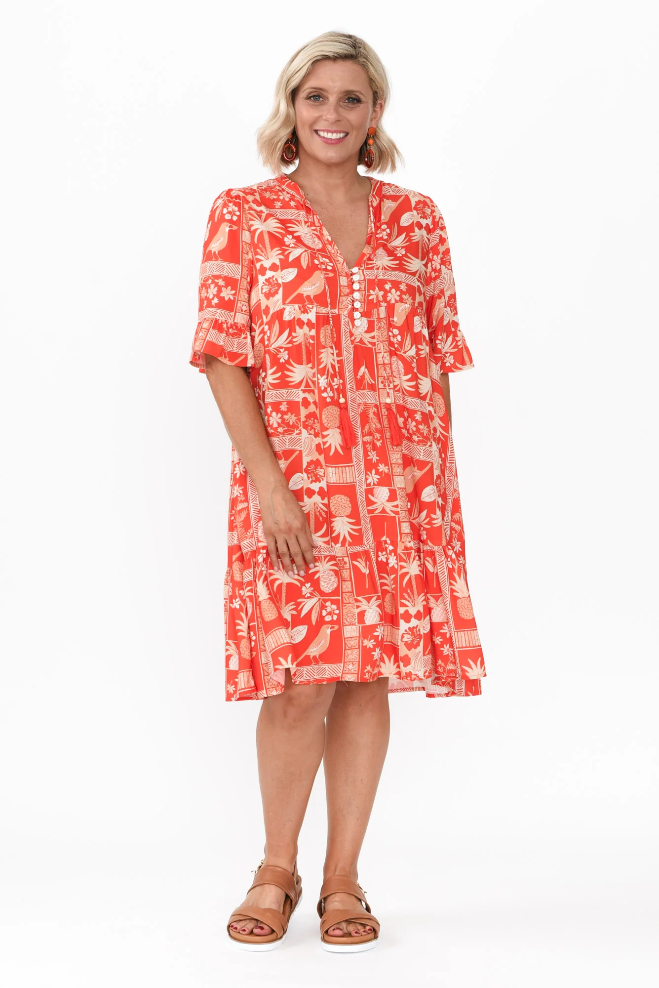 Zorita Red Tropical Frill Sleeve Dress