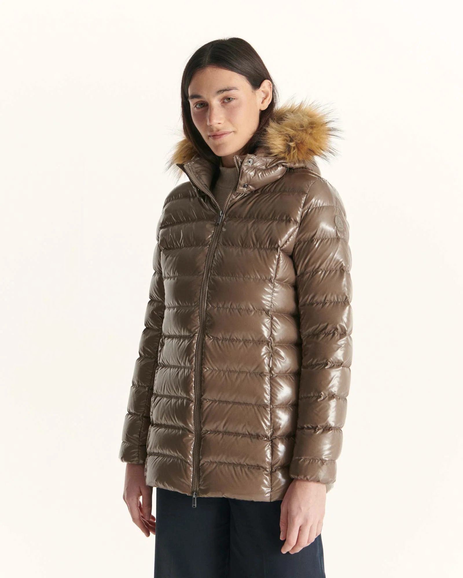Down jacket mid-long lacquered Grand Froid Taupe Perle